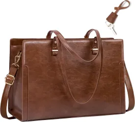 RAINSMORE Laptop Bag for Women 15.6 Inch Vintage Leather Professional Work Tote Bag Waterproof Computer Bag Shoulder Bag for Business Office, Retro Brown