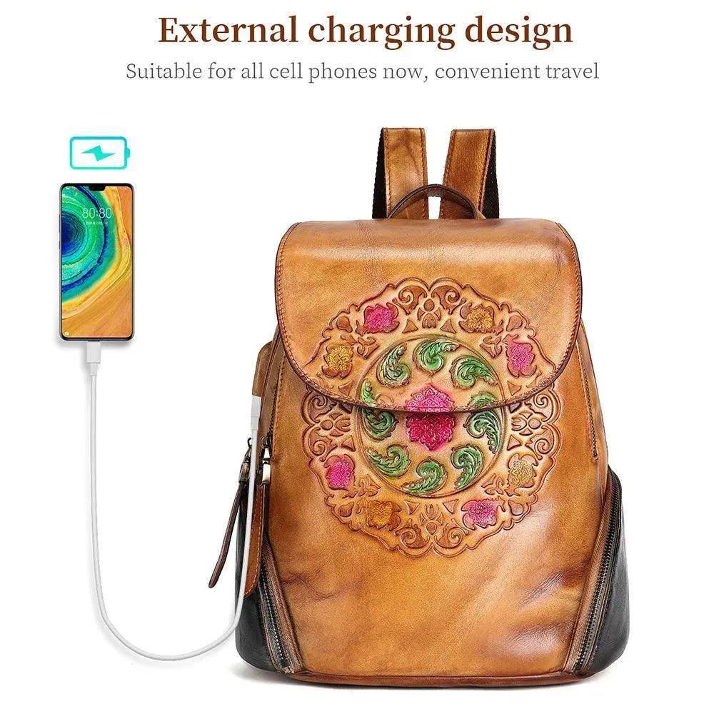 Retro Embossed Floral Backpack For Women Genuine Leather