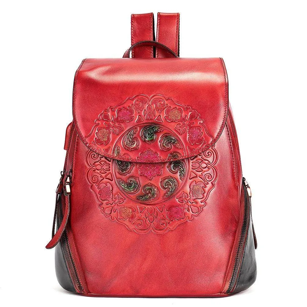 Retro Embossed Floral Backpack For Women Genuine Leather