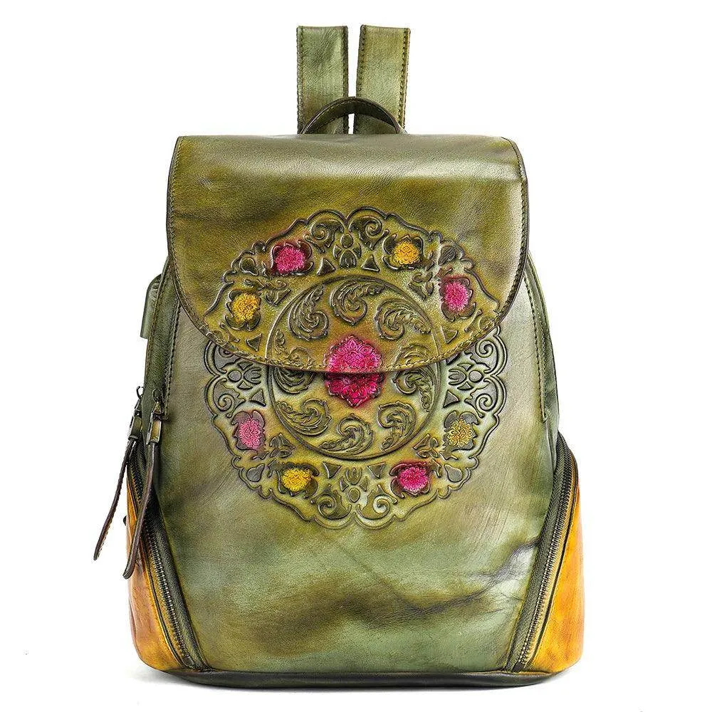 Retro Embossed Floral Backpack For Women Genuine Leather
