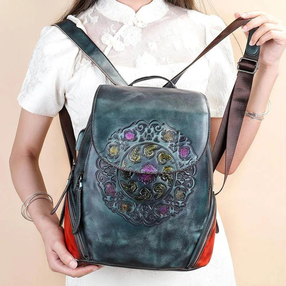 Retro Embossed Floral Backpack For Women Genuine Leather