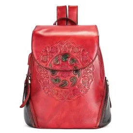 Retro Embossed Floral Backpack For Women Genuine Leather