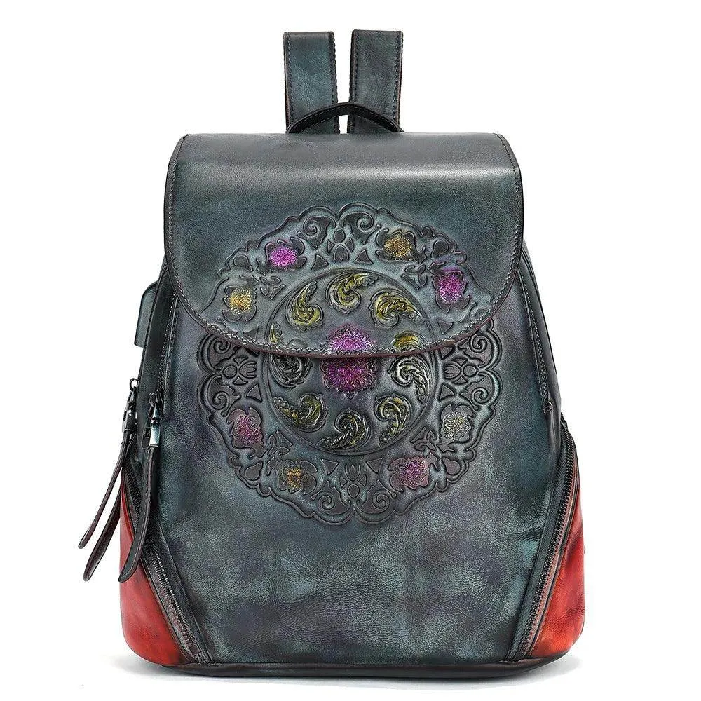 Retro Embossed Floral Backpack For Women Genuine Leather