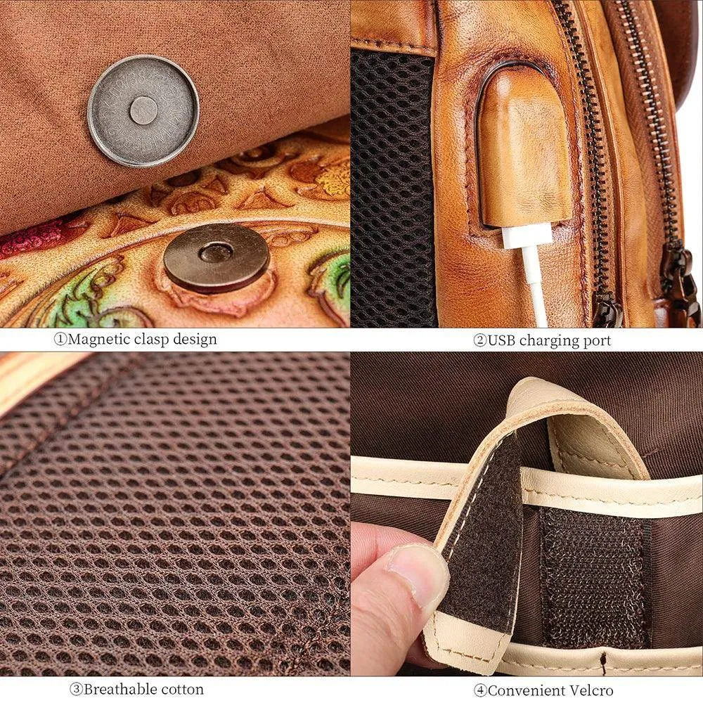 Retro Embossed Floral Backpack For Women Genuine Leather