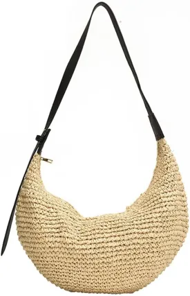 Straw Crossbody Shoulder Bag, Beach Woven Hobo Bags with Adjustable Strap, Large Capacity Straw Crescent Bags