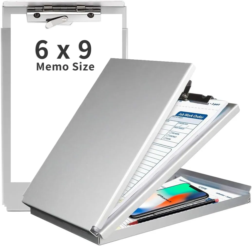 Sunnyclip Aluminum Clipboard with Storage(Memo Size), Recycled Metal Form Holder Binder Fits Paper Size up to 5.66 X 9.5 Inches, A5 Size