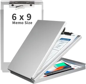 Sunnyclip Aluminum Clipboard with Storage(Memo Size), Recycled Metal Form Holder Binder Fits Paper Size up to 5.66 X 9.5 Inches, A5 Size