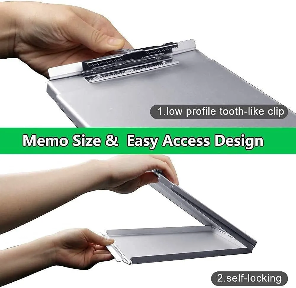 Sunnyclip Aluminum Clipboard with Storage(Memo Size), Recycled Metal Form Holder Binder Fits Paper Size up to 5.66 X 9.5 Inches, A5 Size