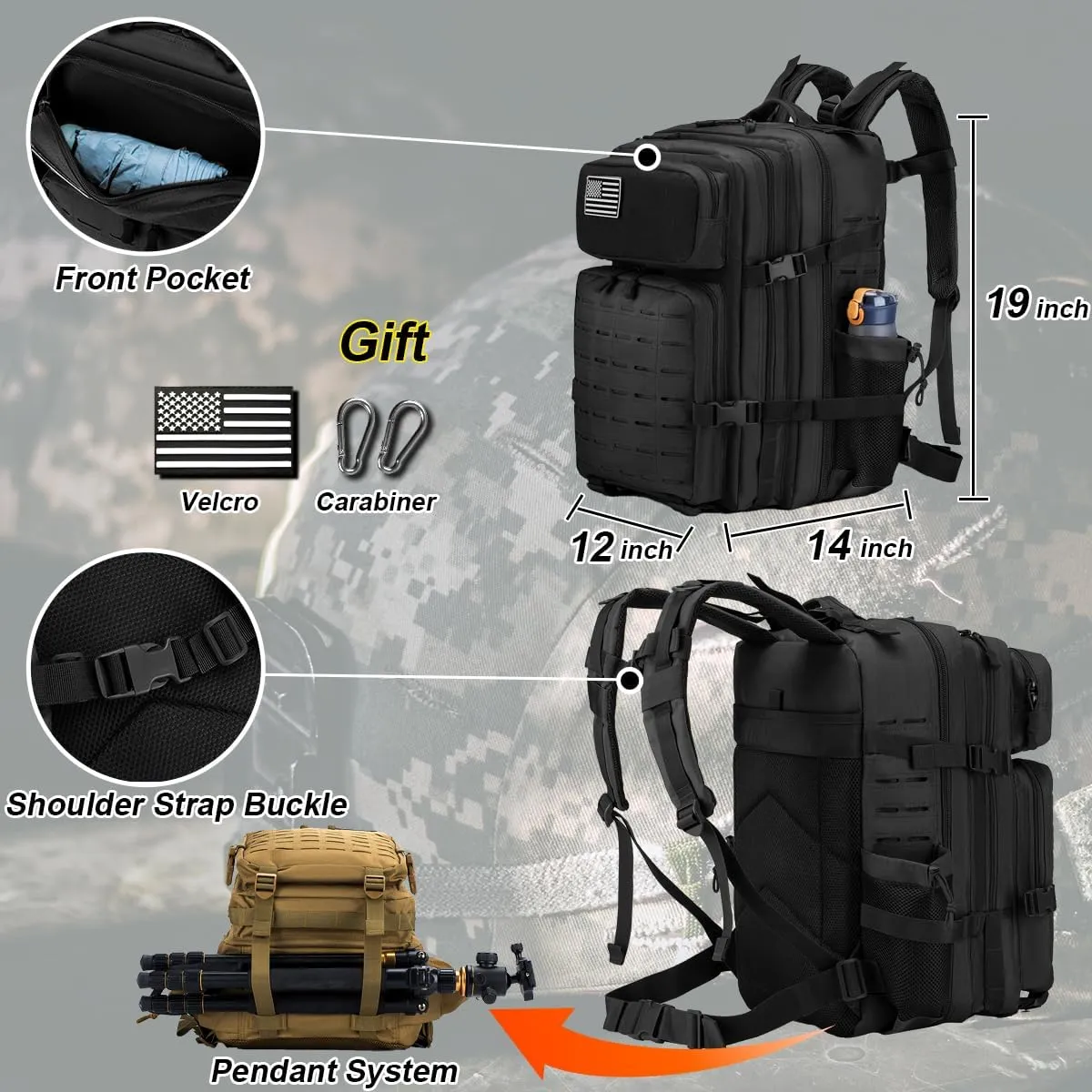 Tactical Military Backpack for Man, 45L Waterproof Army Pack Rucksack Hiking Laptop Backpack 3 Day Bug Out Bag, Includes Two Flags and Two Carabiner