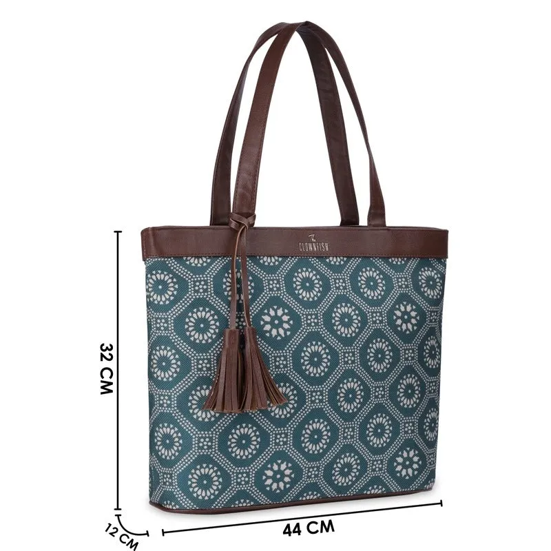 THE CLOWNFISH Casey series 15.6 inch Laptop Bag For Women Printed Handicraft Fabric & Faux Leather Office Bag Briefcase Hand Messenger bag Tote Business Bag (Cerulean Blue)