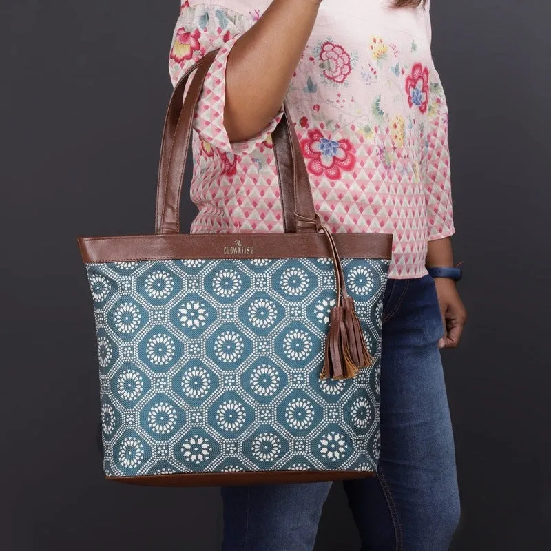 THE CLOWNFISH Casey series 15.6 inch Laptop Bag For Women Printed Handicraft Fabric & Faux Leather Office Bag Briefcase Hand Messenger bag Tote Business Bag (Cerulean Blue)