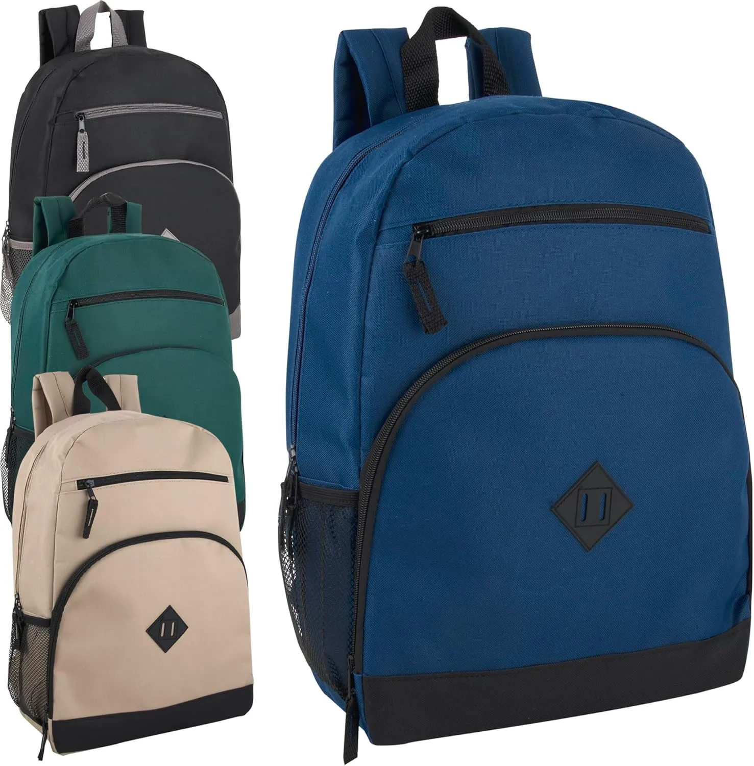 Trail maker 24 pack Classic Backpacks in Bulk Wholesale Backpacks with Side Pocket, Mesh Pocket for Homeless Adults, Donation (Men's Colors Pack)