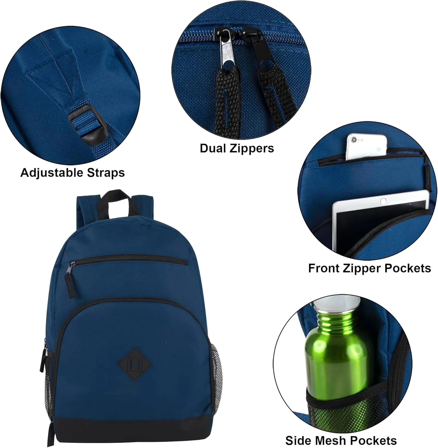 Trail maker 24 pack Classic Backpacks in Bulk Wholesale Backpacks with Side Pocket, Mesh Pocket for Homeless Adults, Donation (Men's Colors Pack)