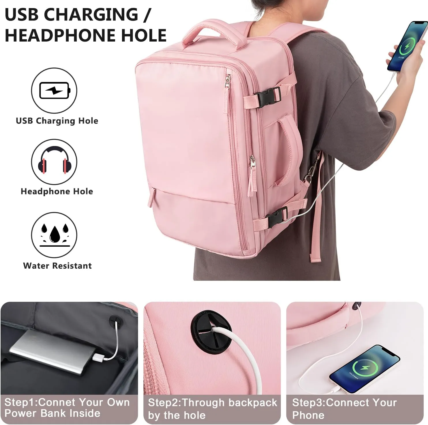 Travel Backpack for Women, Large Carry On Backpack, Waterproof, 17.3 Inch Laptop Backpack, College Bag, Pink