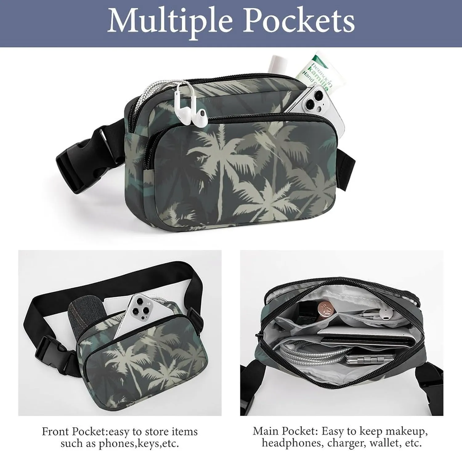 Tropical Palm Tree Fanny Pack Belt Bag with Adjustable Strap Summer Waist Packs Small Pouch Crossbody Bags for Hiking Running Cycling Traveling