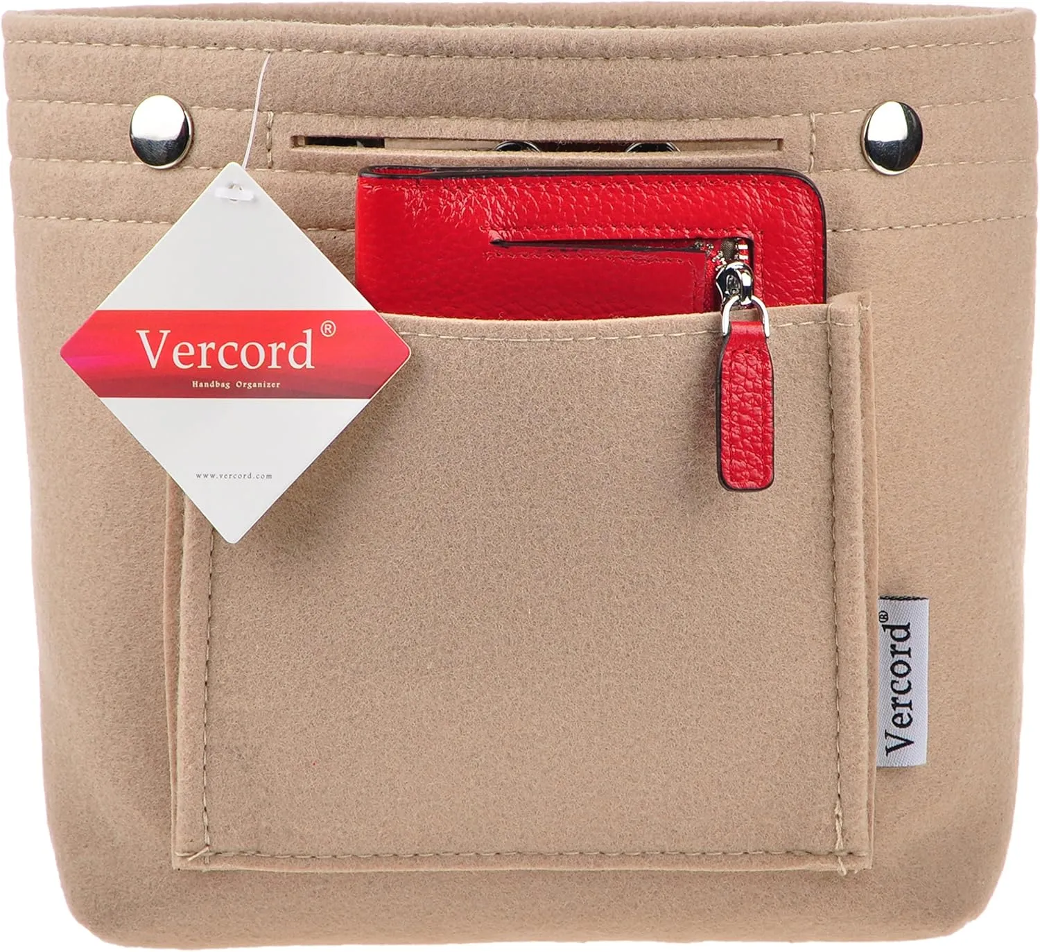 Vercord Mini Slim Small Felt Purse Organizer Insert Inside Handbag Tote Pocketbook for Women Beige