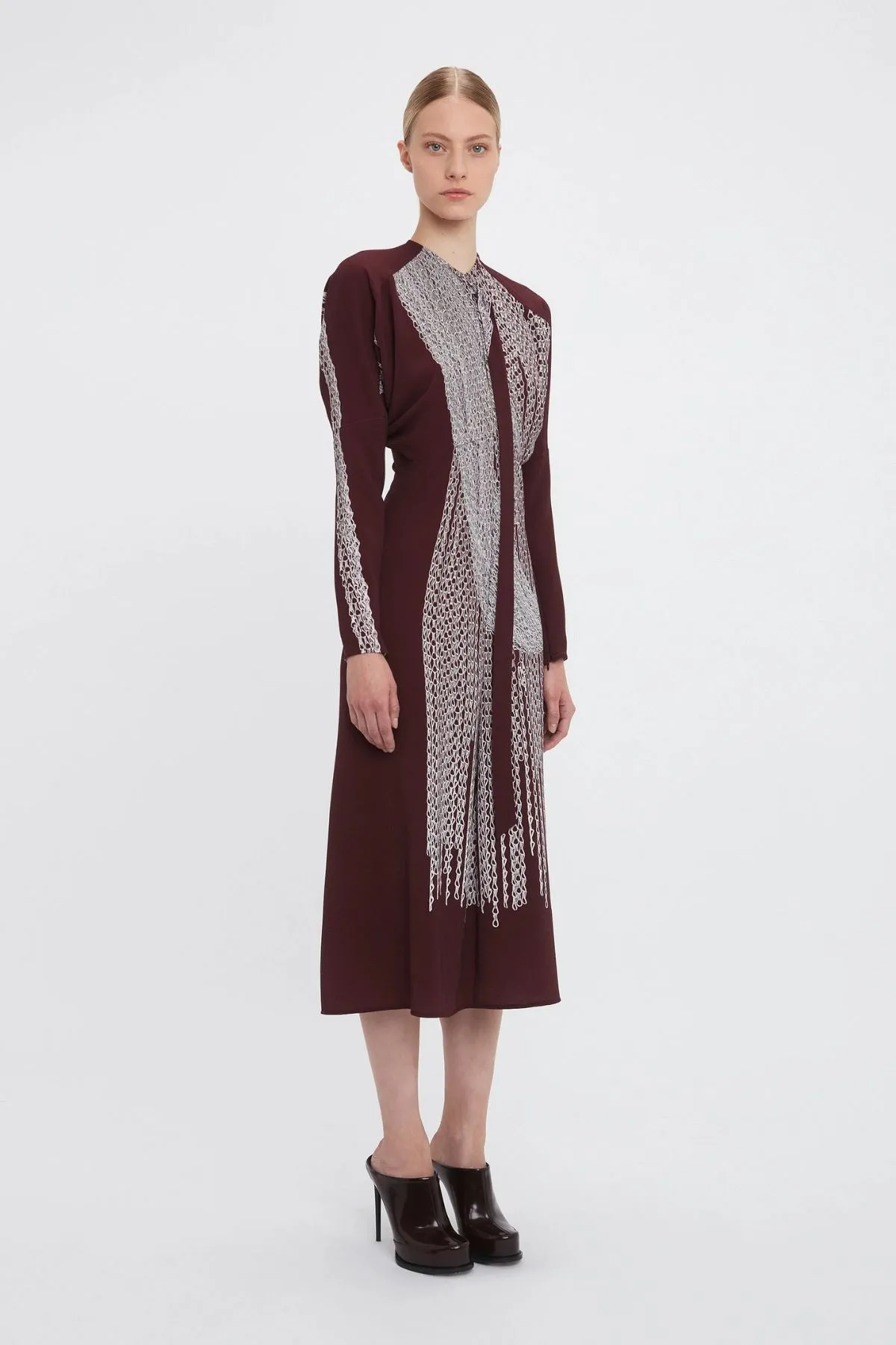 Victoria Beckham Keyhole Dolman Midi Dress - Port/ Silver