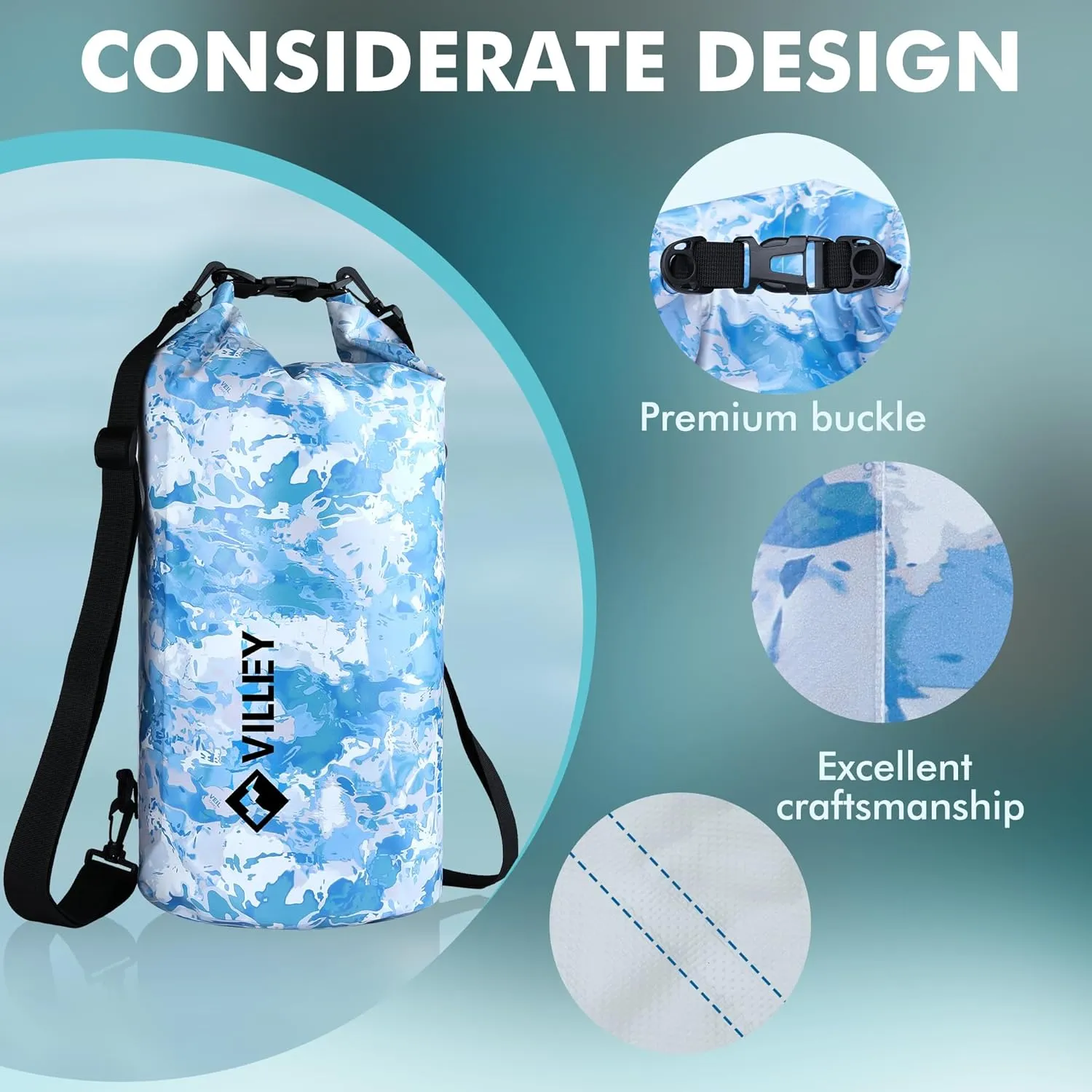 VILLEY Dry Bag Waterproof 20L Roll Top Sack Keeps Gear Dry Lightweight Dry Sack with Waterproof Phone Case for Kayaking Boating Camping Swimming and Beach Adventures Blue Camo