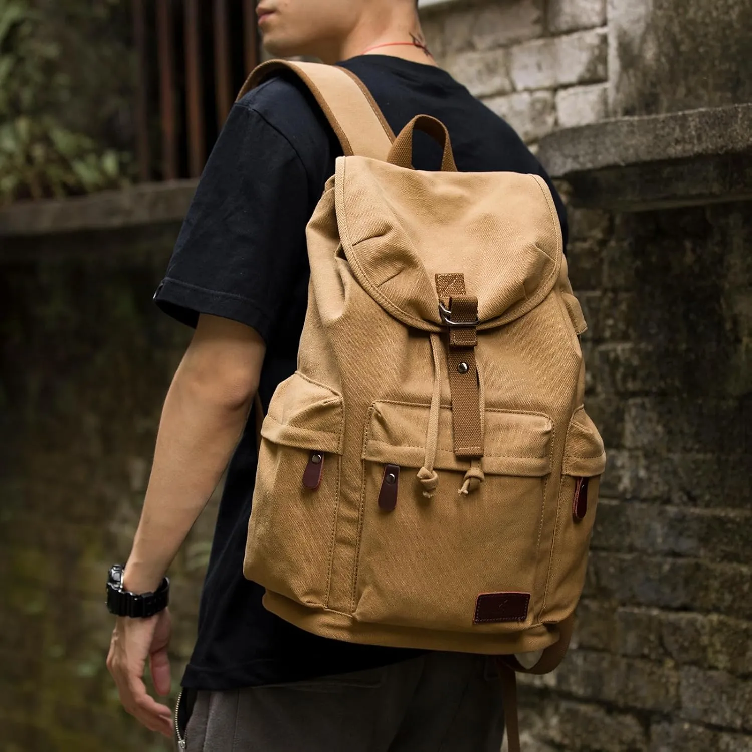 Vintage Canvas Backpack for Men 30L Durable Travel Backpack with 17.3 Inch Laptop Compartment Drawstring and Magnetic Closure Mens Daypack Backpacks for College, Hiking, Commute, BusinessBrown, 30L