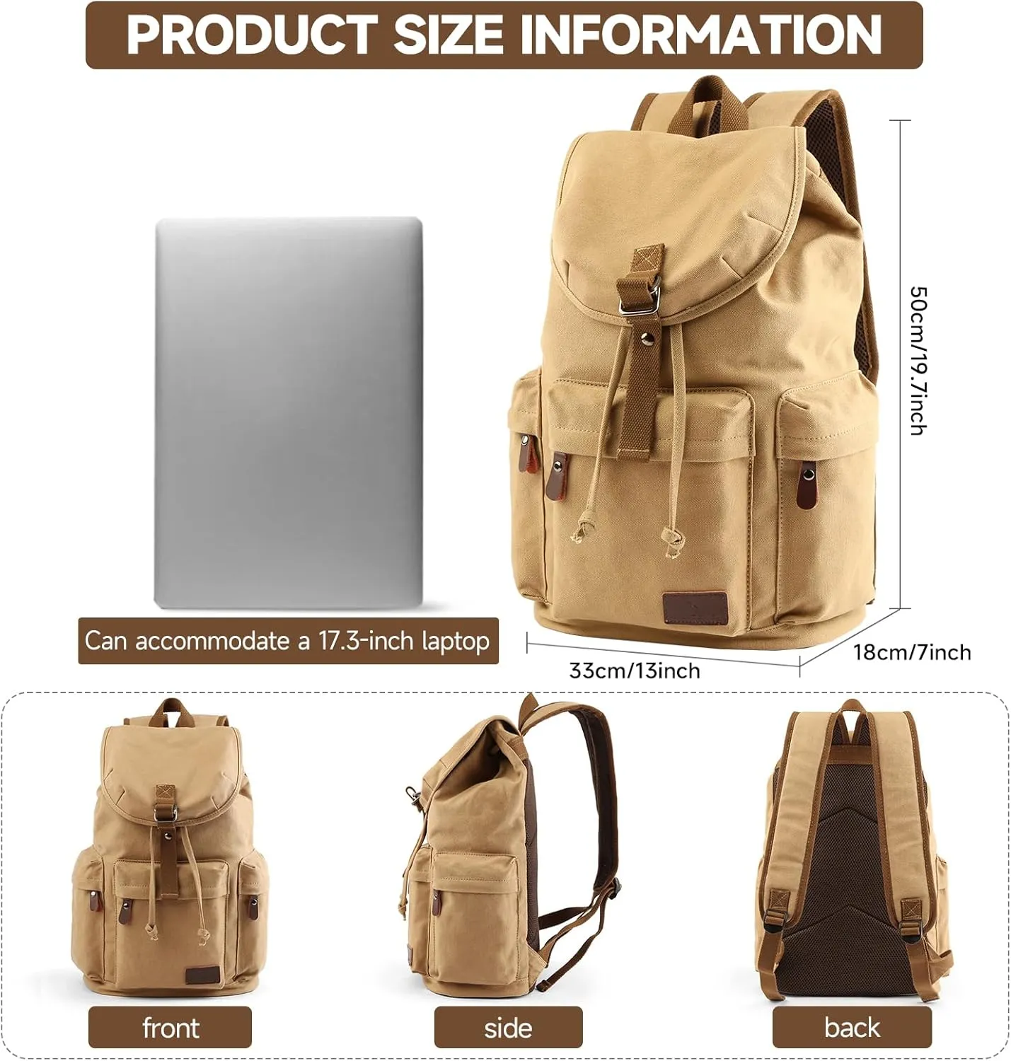 Vintage Canvas Backpack for Men 30L Durable Travel Backpack with 17.3 Inch Laptop Compartment Drawstring and Magnetic Closure Mens Daypack Backpacks for College, Hiking, Commute, BusinessBrown, 30L