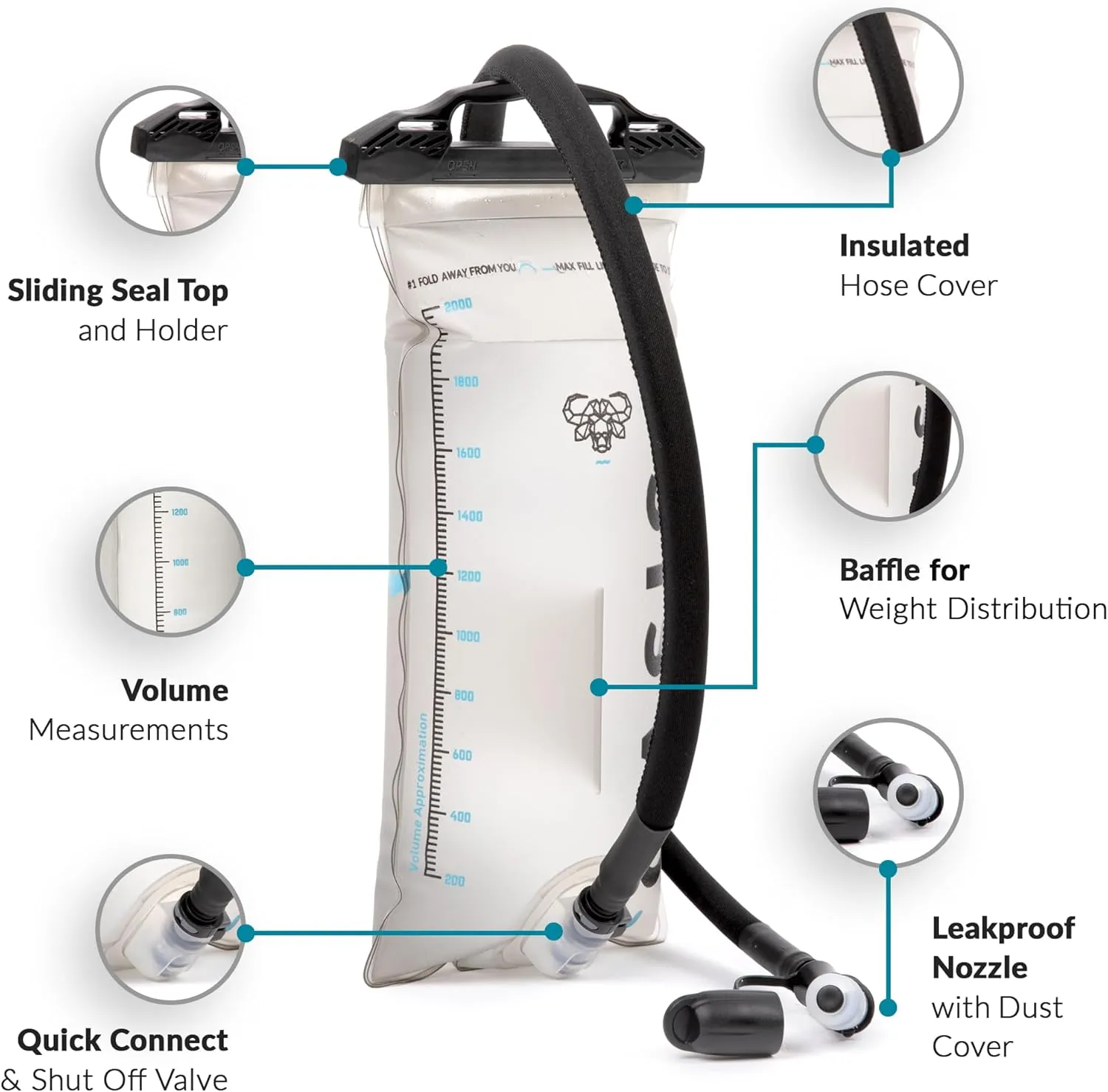 Water Buffalo Oasis Hydration Bladder  3L Water Bladder for Hiking Backpack, Leakproof Design with Insulated Hose & High-Flow Bite Valve
