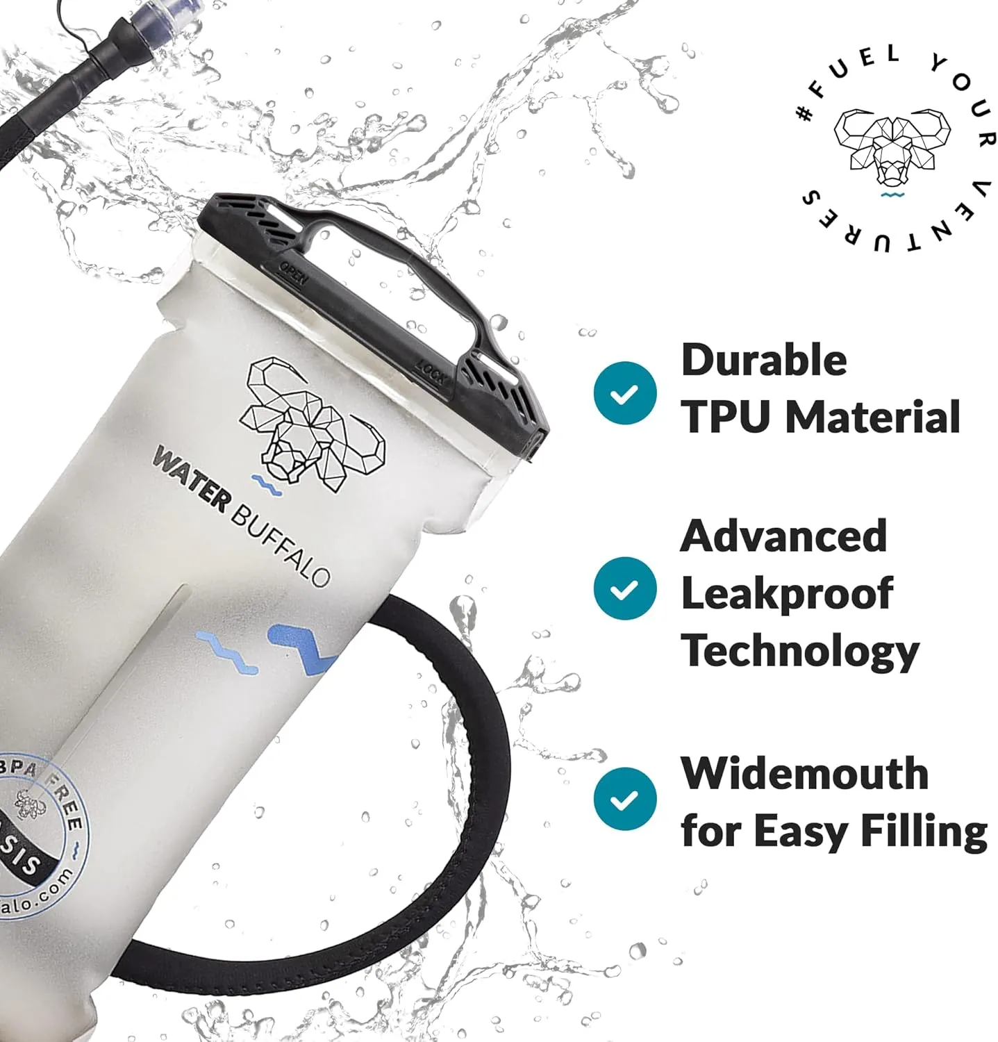 Water Buffalo Oasis Hydration Bladder  3L Water Bladder for Hiking Backpack, Leakproof Design with Insulated Hose & High-Flow Bite Valve