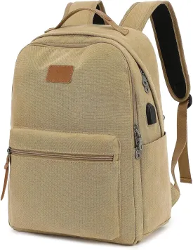 Waterproof Canvas Backpack, Laptop Backpack with USB Charging Port, Vintage Backpack for College Students, Casual Daypack for Men & Women, Travel Work Backpack Fits 15.6 Inch Laptop, Brown
