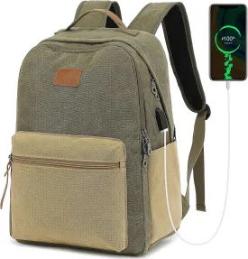 Waterproof Canvas Backpack, Laptop Backpack with USB Charging Port, Vintage Backpack for College Students, Casual Daypack for Men & Women, Travel Work Backpack Fits 15.6 Inch Laptop, Green-Brown