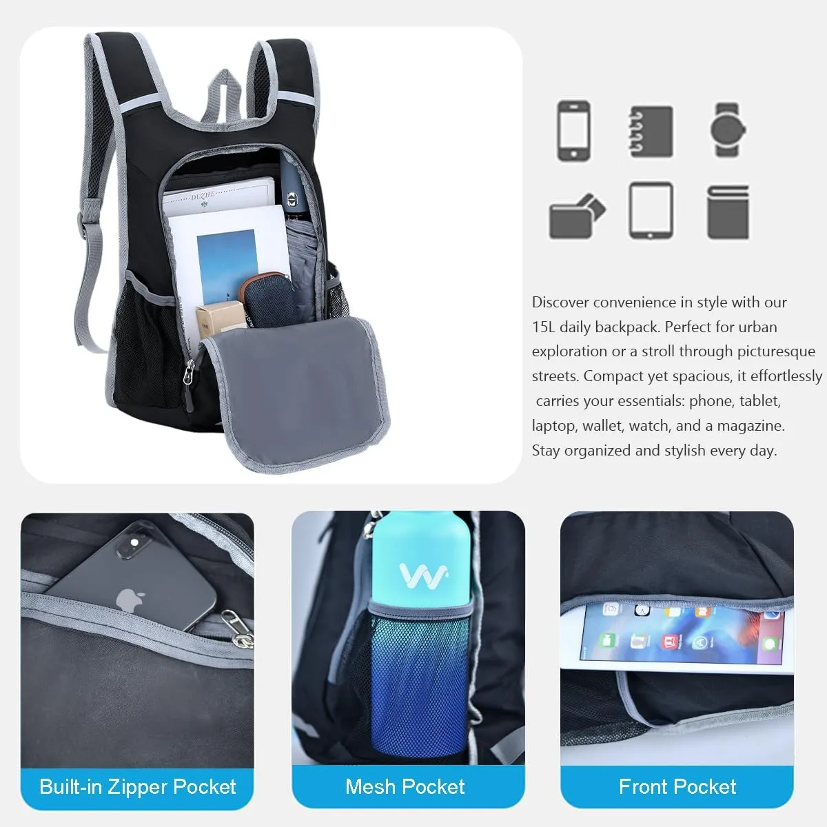 WEREWOLVES 15L Small Hiking Backpack, Travel Lightweight Foldable Packable Casual Outdoor Daypack