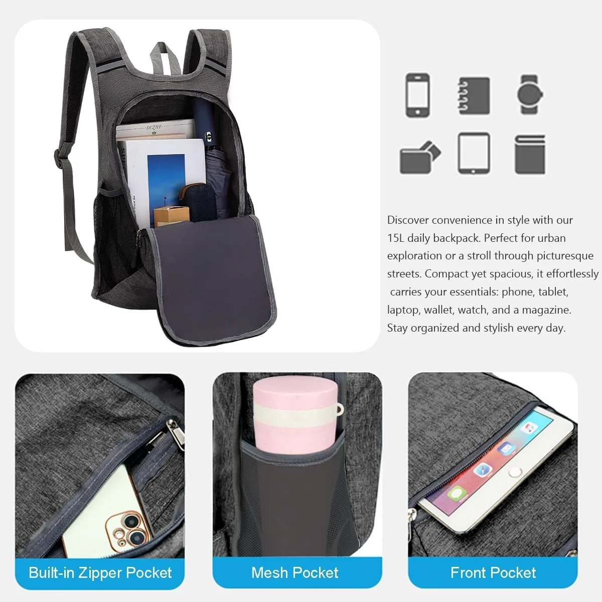 WEREWOLVES 15L Small Hiking Backpack, Travel Lightweight Foldable Packable Casual Outdoor Daypack