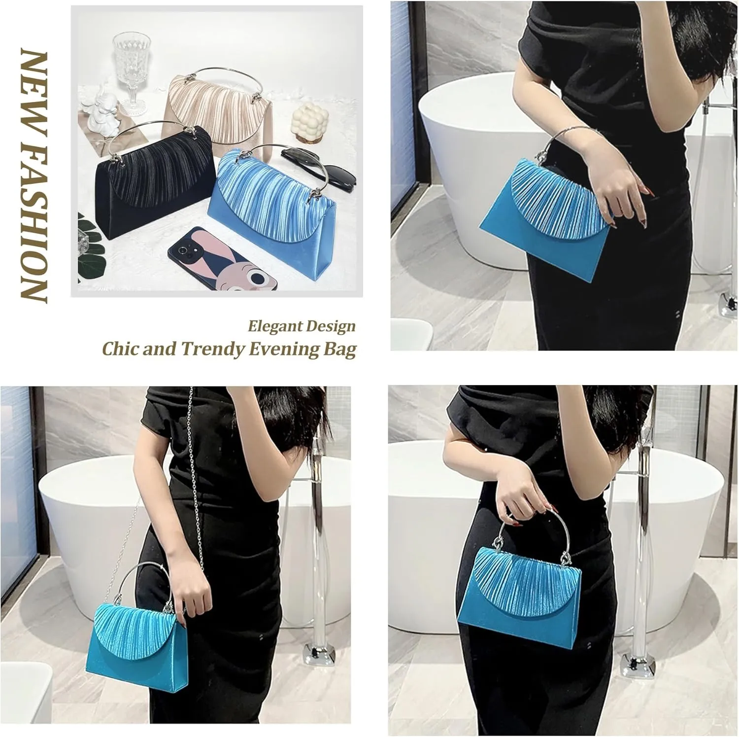 Women's Evening Handbags, Elegant Pleated Clutch Purse for Formal Prom Tea Party Wedding guest Cocktail Night Date