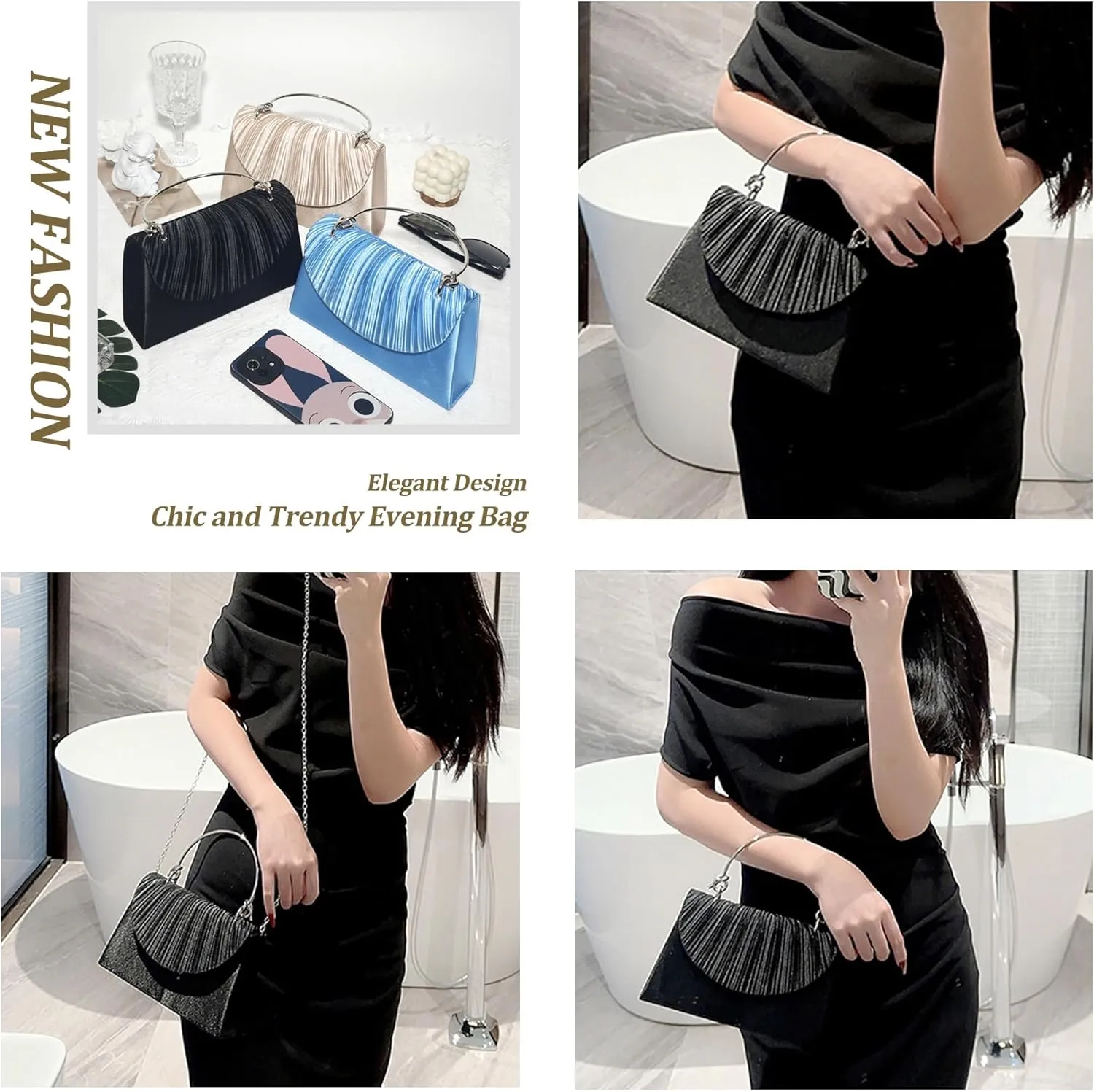 Women's Evening Handbags, Elegant Pleated Clutch Purse for Formal Prom Tea Party Wedding guest Cocktail Night Date
