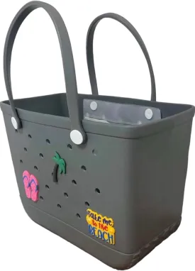 XL Waterproof Rubber Tote Beach Bag with Drainage Holes - Stylish Sandproof Carry-All with Decorative Charms for Pool & Lake