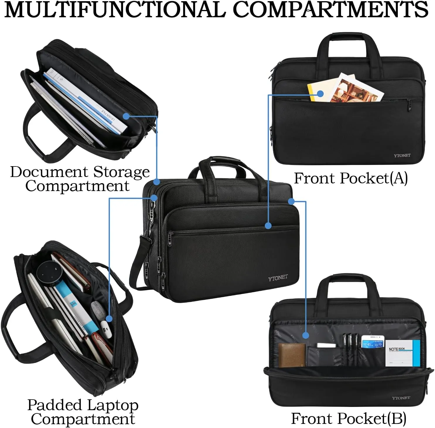 Ytonet Laptop Briefcases for Men, 17 Inch Expandable Briefcase Computer Bags for Laptop for Men, Water Resistant Multi Compartments Men's Work Bag with Luggage Strap for Bussiness Travel, Black